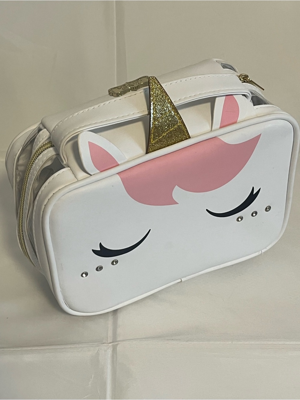 Unbranded White & Pink Unicorn Cosmetic Bag with Gold Horn H65